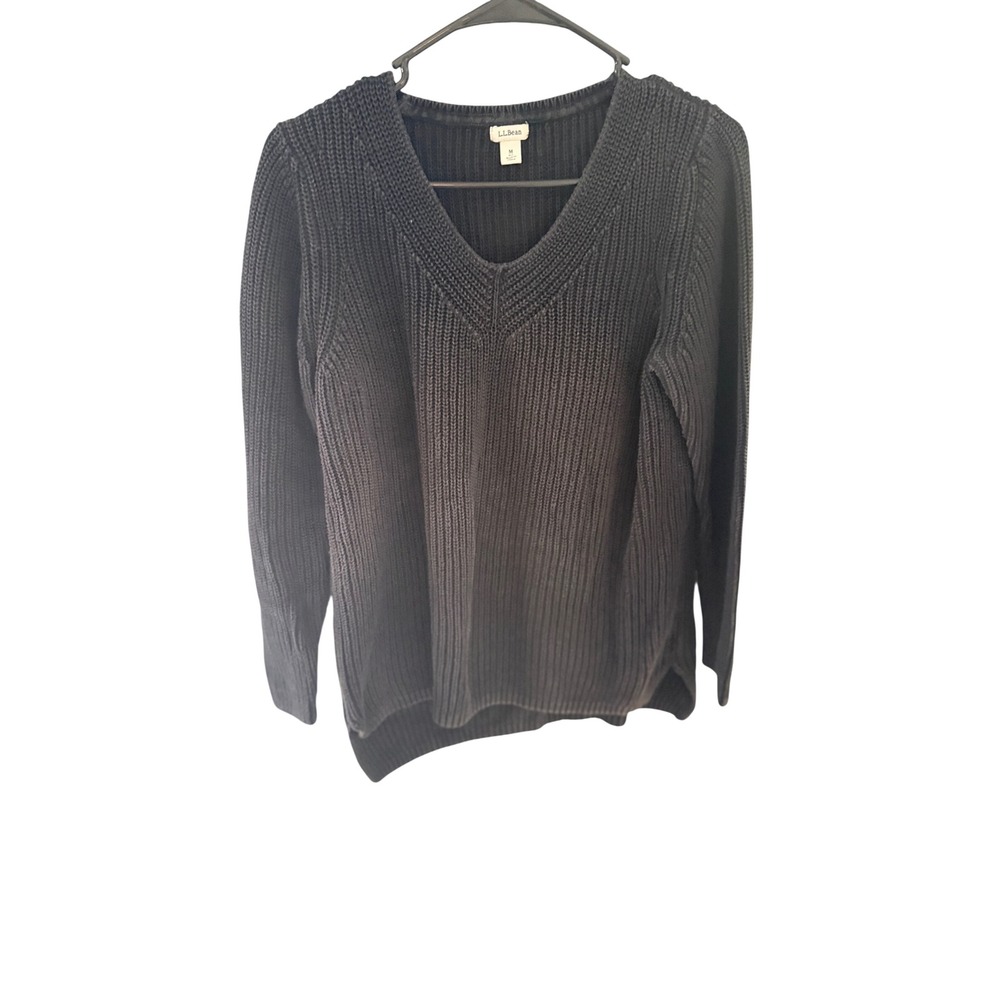LL Bean Womens Black Cotton Shaker Knit V-Neck Sweater Outdoor Medium